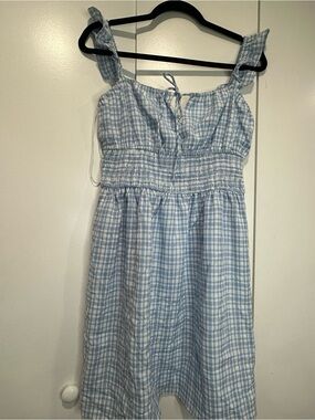 Wayf Light Blue Gingham Smocked Mini Dress